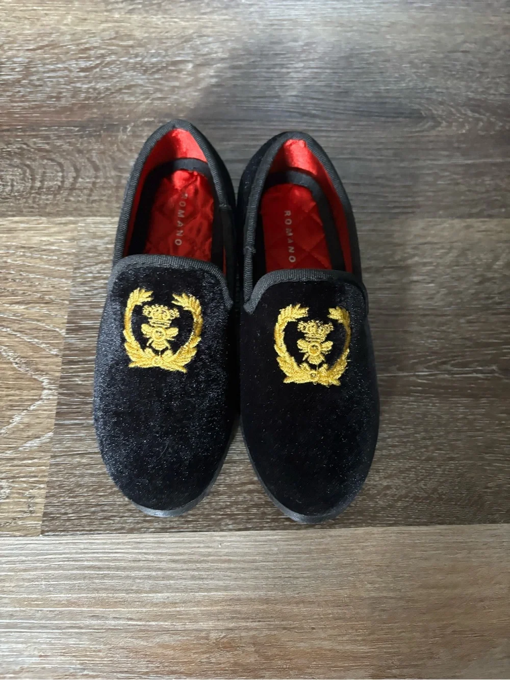 Black Velvet Kids Dress Loafers with Gold Crest Embroidery